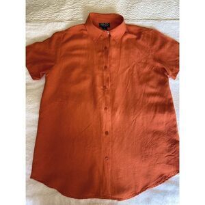 NY & CO Women's Silk Short Sleeve Button Up Orange Shirt top Size Small